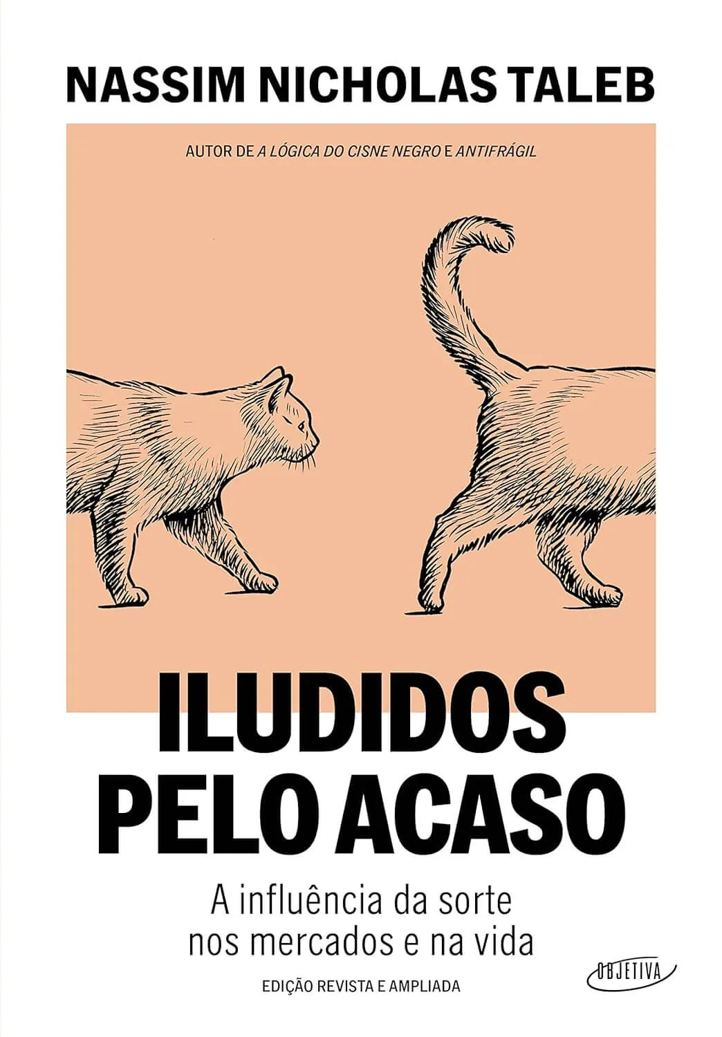 Imagem mostrando a capa do livro Iludidos pelo acaso, com um gato andando atrás de outro gato